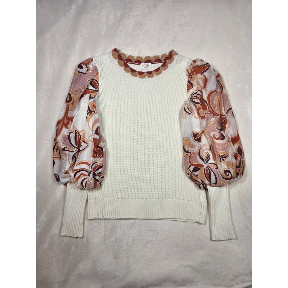 Fate Retro Cream Knit Sweater Floral Puff 70s Balloon Sleeve Medium